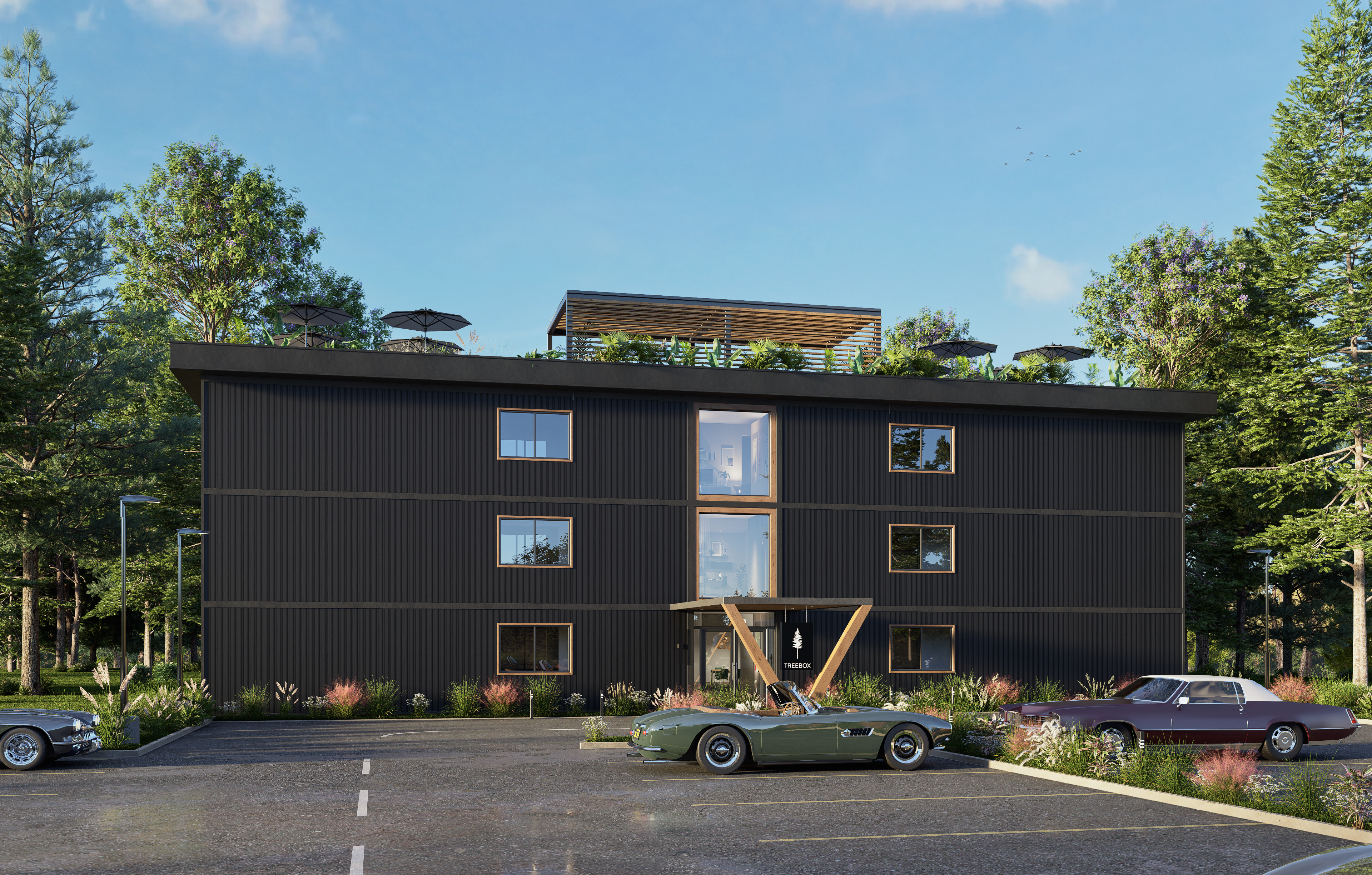 Boxhaus building exterior - modern black multi-level apartment structure