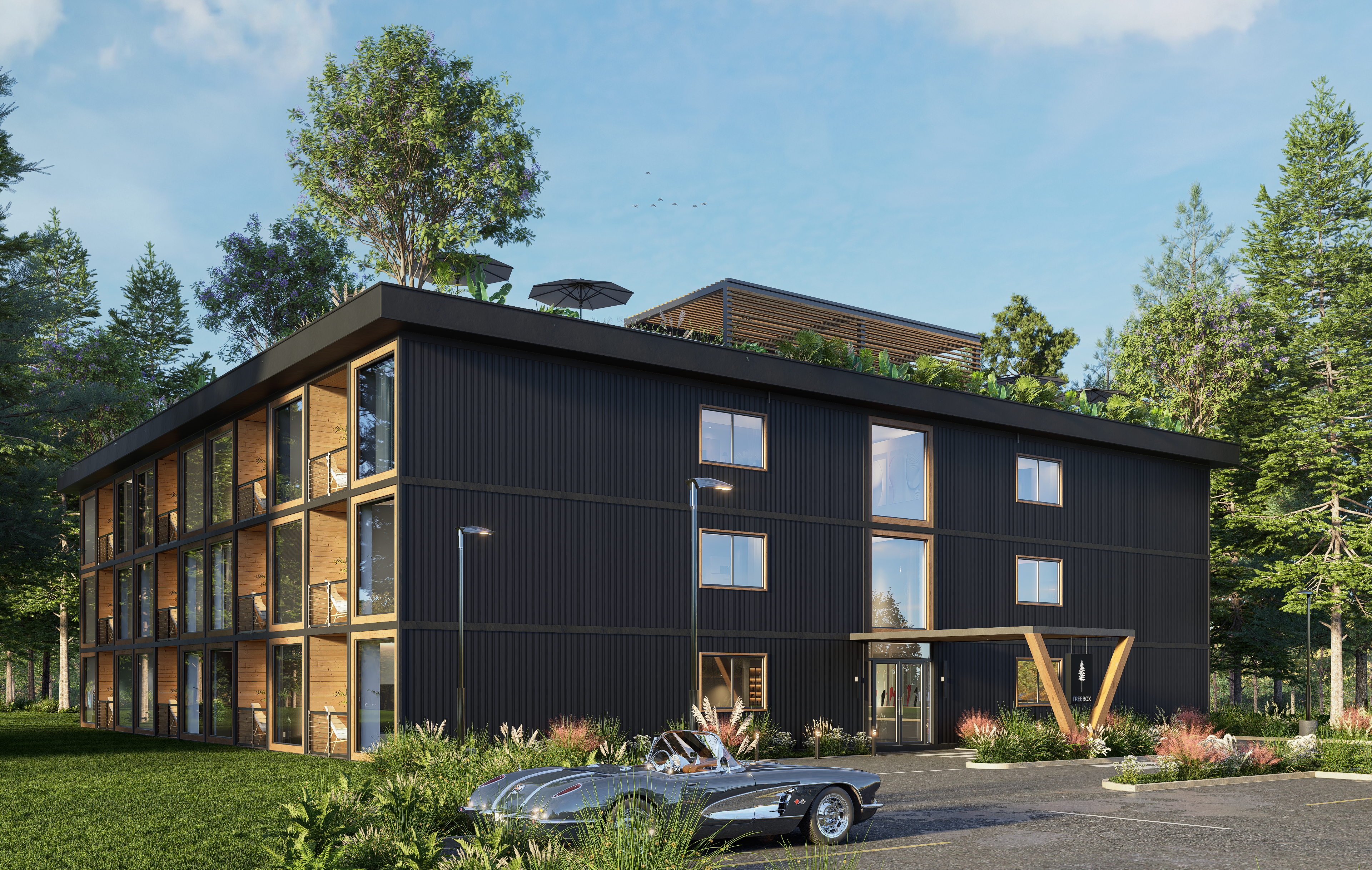 Boxhaus rooftop terrace with pergola and umbrellas