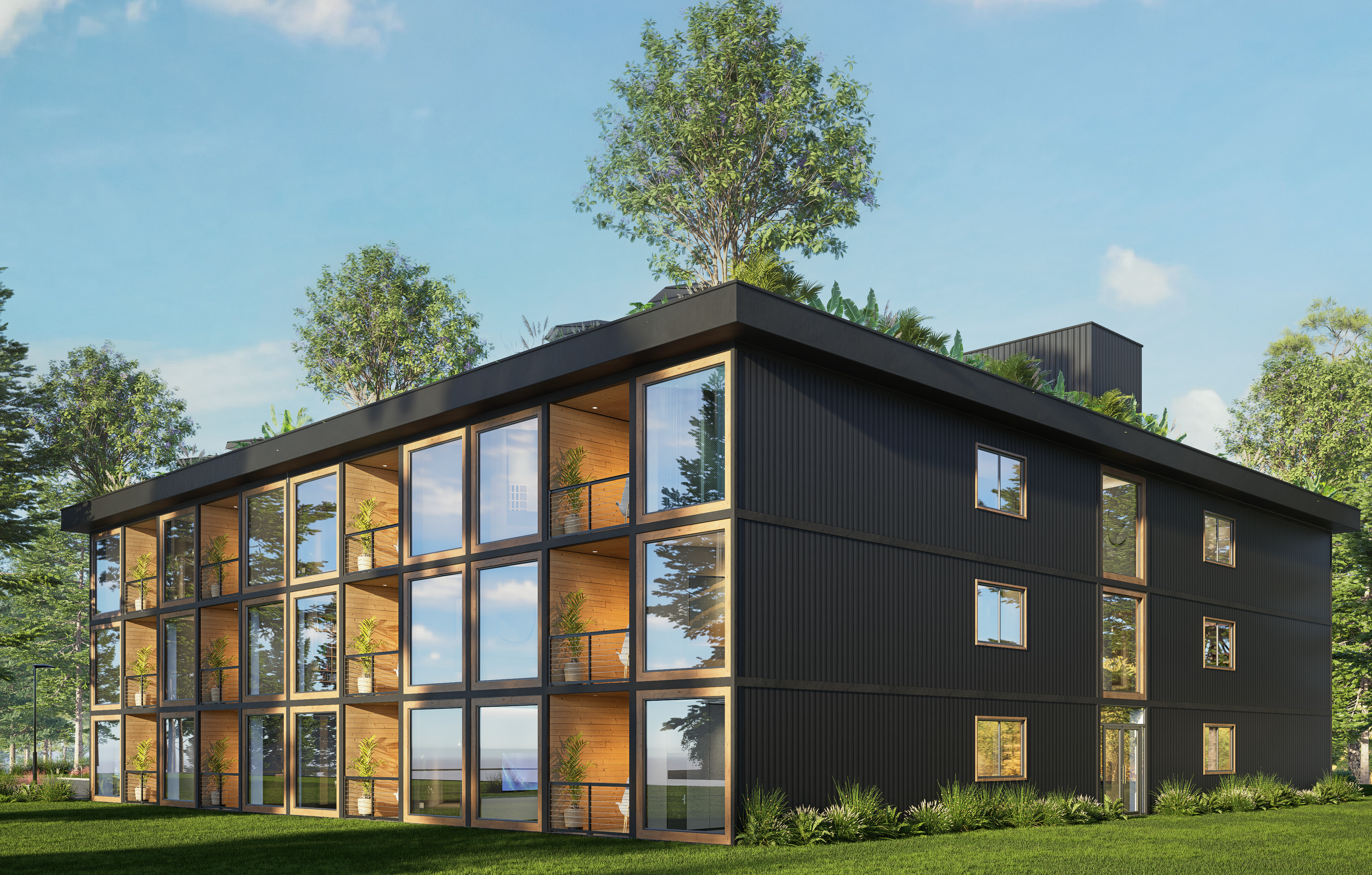 Boxhaus building facade showing modular container design